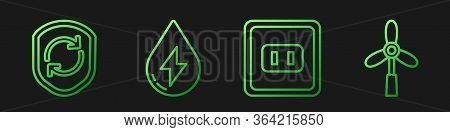 Set Line Electrical Outlet, Recycle Symbol Inside Shield, Water Energy And Wind Turbine. Gradient Co