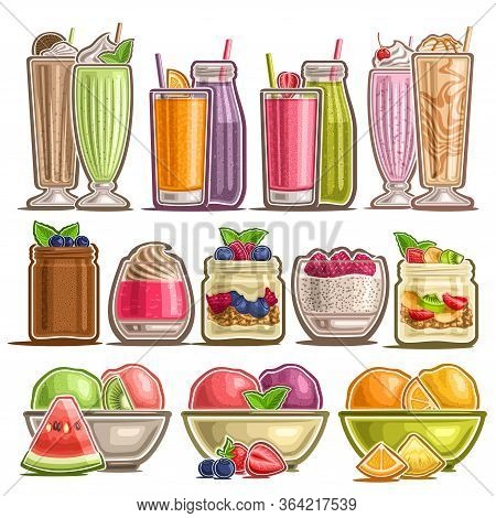 Vector Set Of Different Desserts, Lot Collection Of 12 Cut Out Illustrations Of Fresh Assorted Milk 