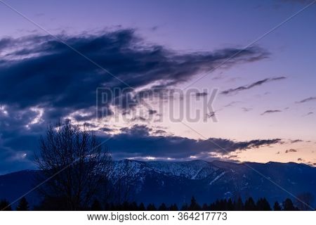 Sunrise Over The Sleepy Town Of Columbia Falls. Monatana, United States