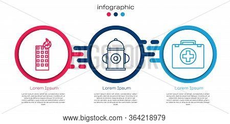 Set Line Fire In Burning Building, Fire Hydrant And First Aid Kit. Business Infographic Template. Ve