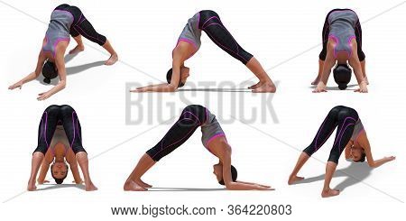 3d Illustration Of Virtual Woman In Yoga Dolphin Pose With 6 Angles Of View On A White Background
