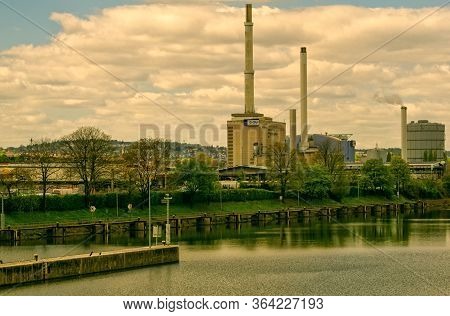 Stuttgart,germany - April 14,2020:inselstrasse This Is The View To The Old Power Plant Of Enbw,a Ger