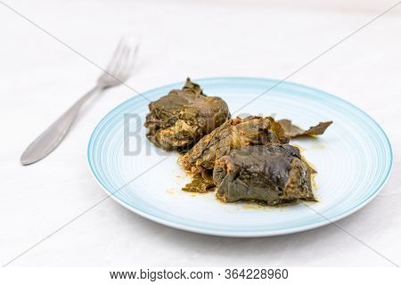 Minced Meat Rolls In Chard Served On The Plate. Traditional Balkan Meal Made With Chard And Minced M