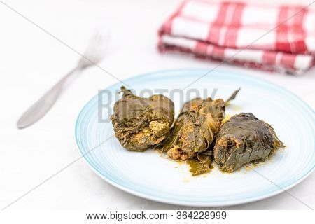 Minced Meat Rolls In Chard Served On The Plate. Traditional Balkan Meal Made With Chard And Minced M