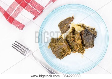 Minced Meat Rolls In Chard Served On The Plate. Traditional Balkan Meal Made With Chard And Minced M