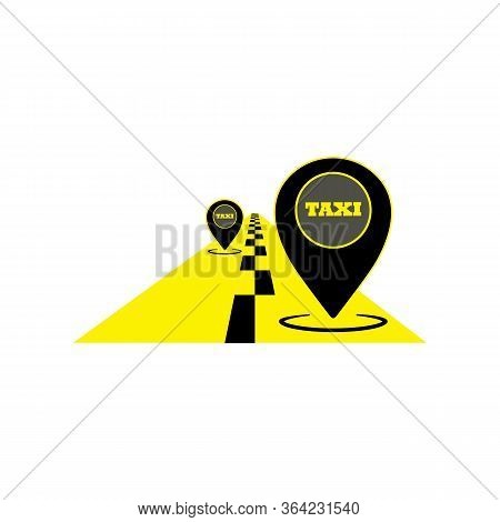Geolocation, Taxi Location With Road. Map Pin With Taxi Checks Icon On Isolated White Background. Ep