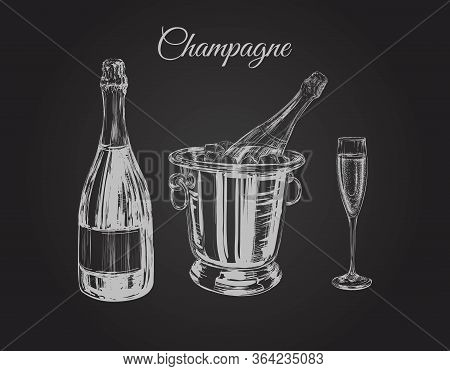 Champagne Glass Bottle Bucket Hand Drawing Vector Illustration Bubbles. Alcoholic Drink.