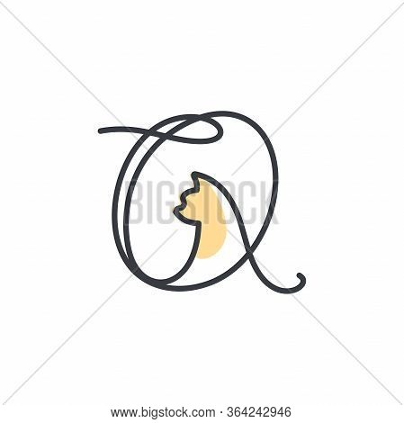 Simple And Cheers Logo Design Illustration Mono-line Style Initial Q Cat.