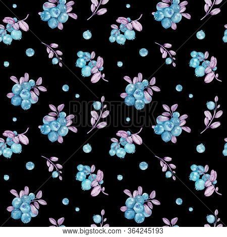 Watercolor Pattern With Blue Berries And Pink Leaves On The Black Background. Botanical Hand-drawn I