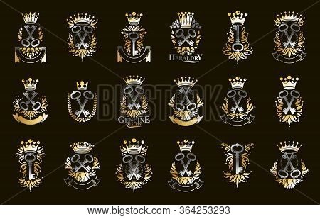 Keys Logos Big Vector Set, Vintage Heraldic Turnkeys Emblems Collection, Classic Style Heraldry Desi