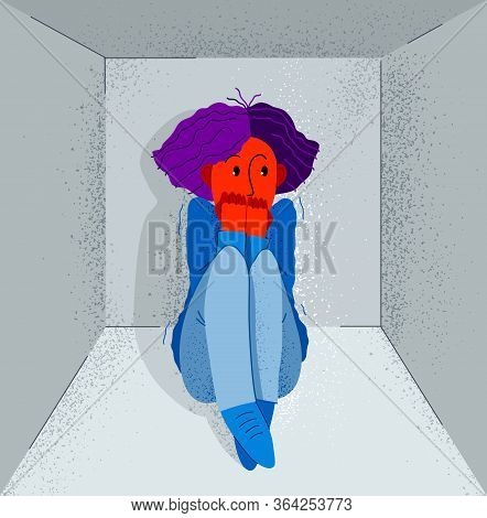 Claustrophobia Fear Of Closed Space And No Escape Vector Illustration, Girl Is Closed In Small Room 