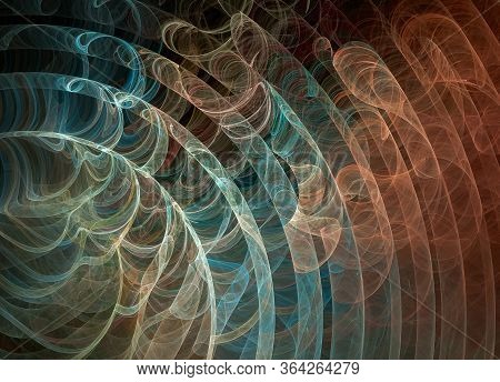 Colored Smoke Rings Move Diagonally On A Black Background. Abstract Background With Spirals And Smok