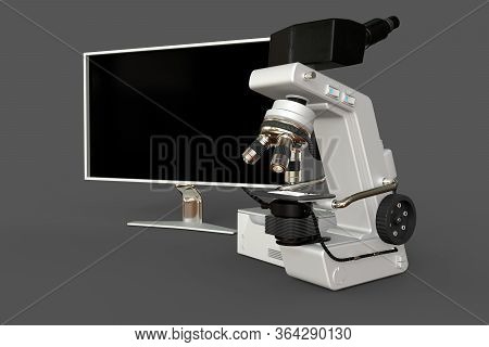 White Electronic Microscope, Cpu Box And Blank Screen Isolated, Realistic 3d Illustration Of Object 