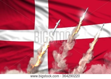 Denmark Supersonic Missile Launch - Modern Strategic Nuclear Rocket Weapons Concept On Flag Fabric B
