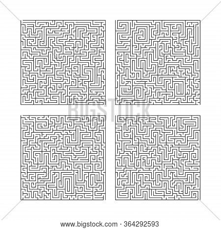 Labyrinth Maze Game Set. Collection Of Four Puzzles Isolated On White Background. Find The Right Way
