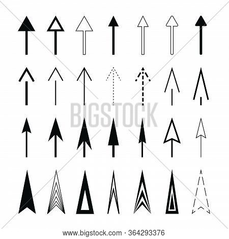 Set Of Thin Oblong Arrows, Black On White Background. Long, Triangle, Different Shapes, Pointing Upw