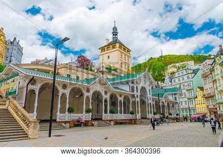 Karlovy Vary, Czech Republic, May 10, 2019: The Market Colonnade Trzni Kolonada Wooden Colonnade Wit