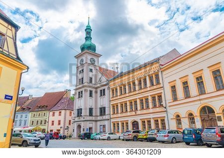 Loket, Czech Republic, May 12, 2019: The Town Hall Mestska Radnice Baroque Style And Colorful Tradit