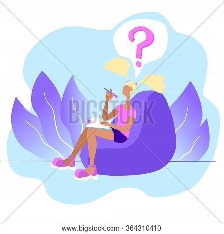 Girl Is Sitting In A Beanbag Chair With A Question Mark Above Her Head In A Speech Bubble. The Conce