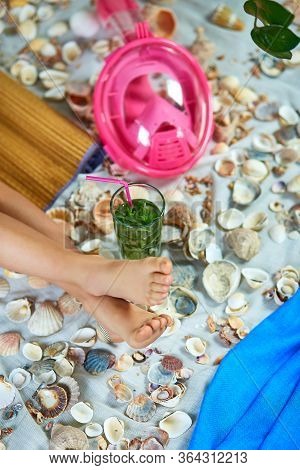 Top View Of Imitates Summer Sea Beach Vacation At Home Quarantine.