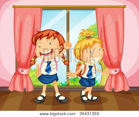 ภาพของสาว ๆ ในห้องใกล้หน้าต่าง