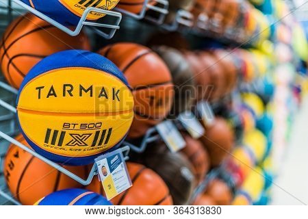Singapore - Mar 6, 2020: Tarmak Basketballs Put Up For Sale In The Decathlon Store In Singapore