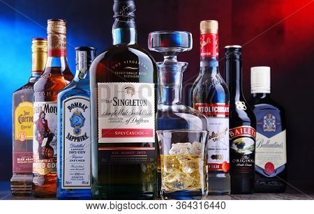 Poznan, Pol - Apr 16, 2020: Bottles Of Assorted Global Hard  Liquor Brands Including Whiskey, Vodka,