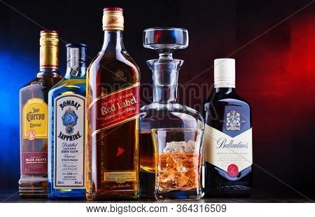 Poznan, Pol - Apr 16, 2020: Bottles Of Assorted Global Hard  Liquor Brands Including Whiskey, Tequil