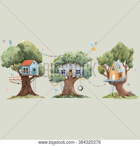 Beautiful Vector Set With Three Cute Watercolor Children Tree Houses. Stock Illustration.