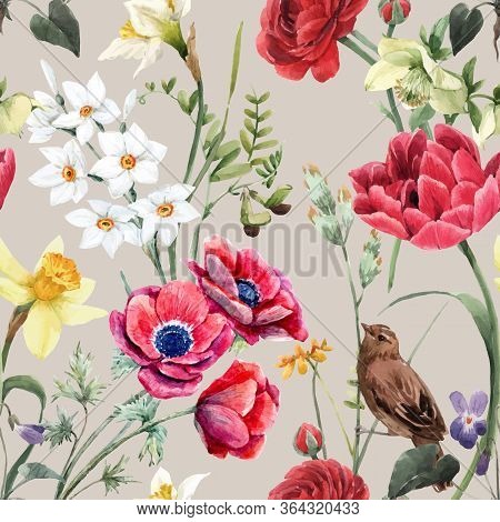 Beautiful Vector Floral Summer Seamless Pattern With Watercolor Red And Yellow Flowers. Stock Illust