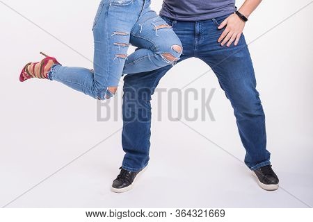 Close-up Of Couple Dancing Social Dance. Kizomba Or Bachata Or Semba Or Taraxia , On White Backgroun