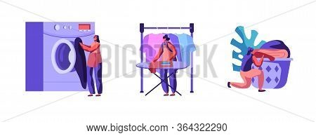 Set Tiny Female Characters Working In Laundry Loading Dirty Clothes To Washing Machine, Ironing, Col