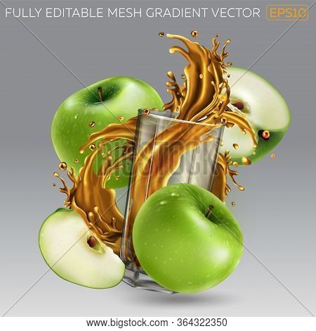 Composition Of Green Apples And Juice Splash In A Glass.