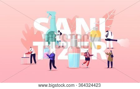 Sanitizer Concept. Tiny People Characters Wash Hands With Antibacterial Soap, Wear Masks. Worker Wit