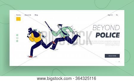 Constable Character Pursuit And Fight With Criminal Landing Page Template. Police Officer At Work Ca
