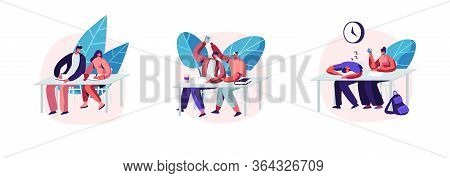 Set Of Students Sitting At Desks Visiting Lecture In University. Characters Learning. Communicating,