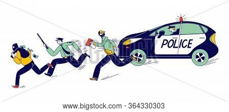 Police Officer Characters At Work Catching Up Pickpocket Thief And Robber In Mask To Arrest. Policem