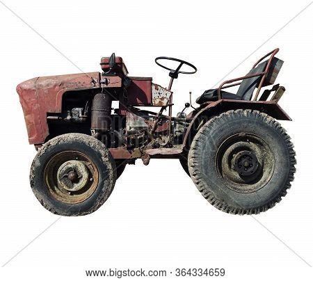 Old Homemade Tractor On A White Isolated Background