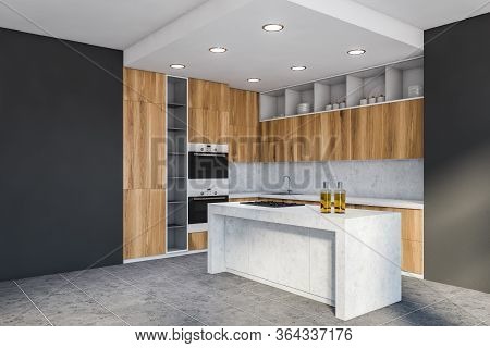 Corner Of Modern Kitchen With Grey Walls, Wooden Countertops And Cupboards And Island With Built In 