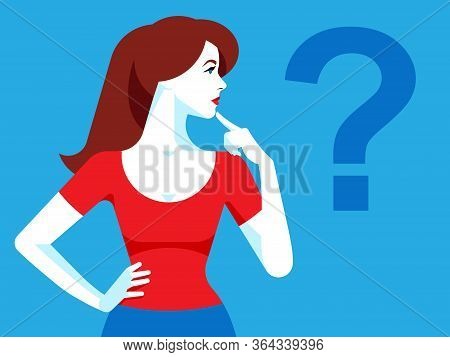 Woman Is Thinking. Woman Decides.young Girl In Red With Dark Hair. The Woman Makes A Decision. Make 