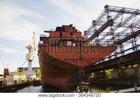 Rusty, Abandoned Ship Under Construction, Unfinished Ship At The Factory.