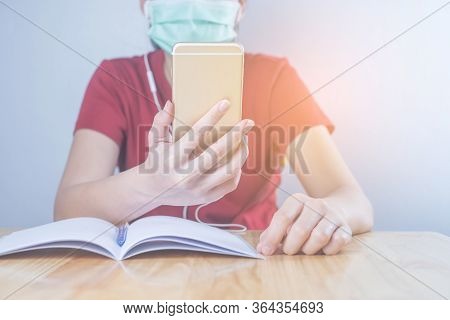 Asian Woman Wear Hygiene Protective Mask To Protect Covid 19, Making Facetime Video Call With Smartp