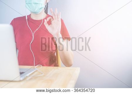 Asian Woman Wear Hygiene Protective Mask To Protect Covid 19, Making Facetime Video Call With Smartp