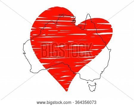 Save Australia Vector Stock Illustration. Outline Continent Australia With A Red Sketch Heart Isolat