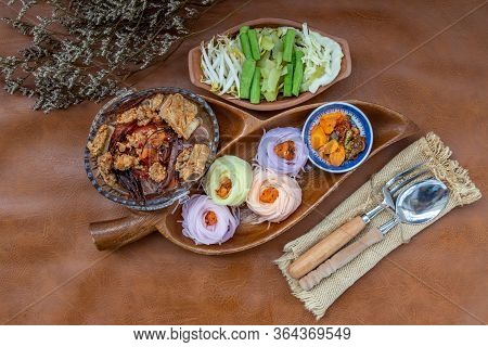 Rice Noodles With Spicy Pork Sauce Or Nam Ngiao Rice Noodle (traditional Northern Thai Cuisine). Nam