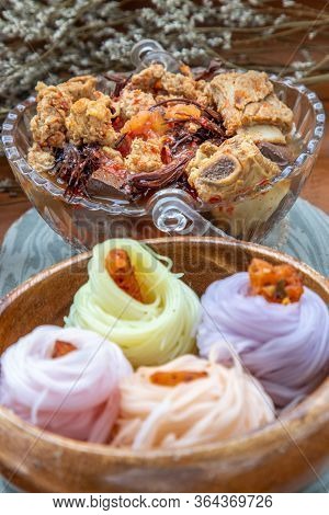 Rice Noodles With Spicy Pork Sauce Or Nam Ngiao Rice Noodle (traditional Northern Thai Cuisine). Nam