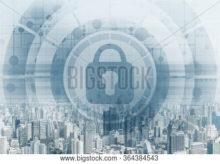 Global Cybersecurity Mixed Media With Virtual Locking Padlock On Cityscape Background. Data Cryptogr