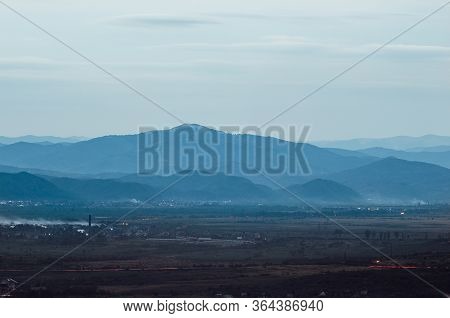 Top View On The Evening City Of Khust, Transcarpathia Ukraine.
