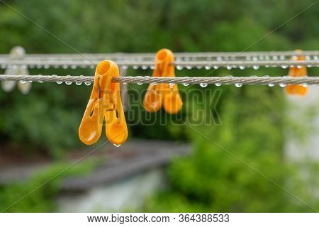 Some Different Coloured Clothes Pegs On Wet Washing Line, Close Up