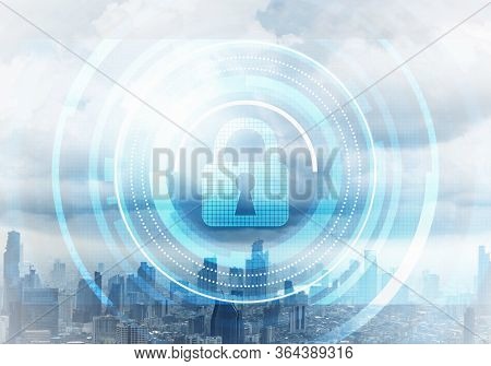 Virtual Locking Mechanism On Background Of Downtown. Internet Concept For Identity And Access Manage